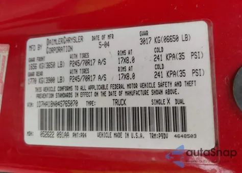 2004 Dodge Ram 1500 St z USA, uszkodzony, nr VIN 1D7HA18N04S765070